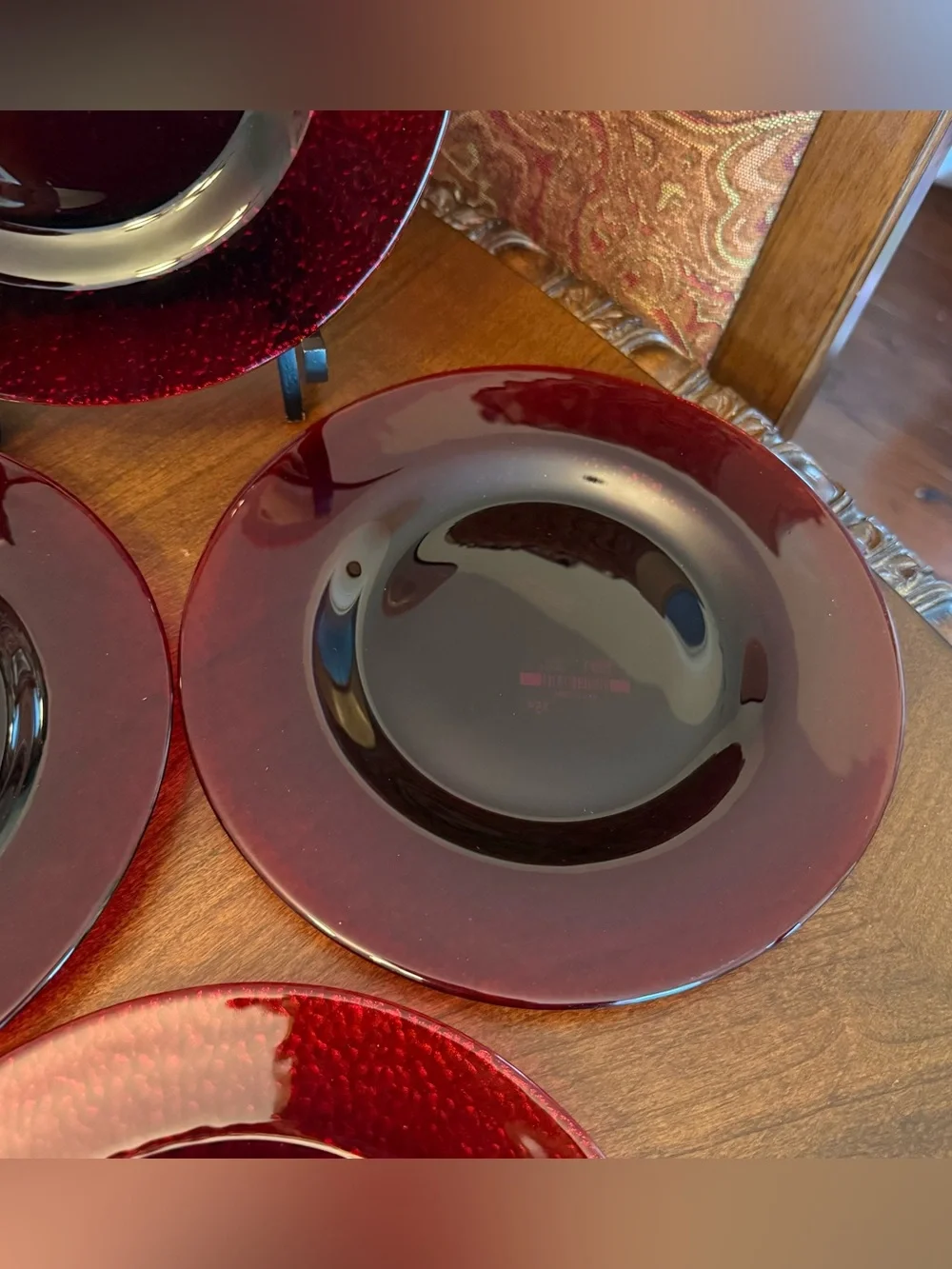 Set of 4 VTG Pier 1 Ruby Red Salad Plates - Smooth Mirror Top, Textured Bottom